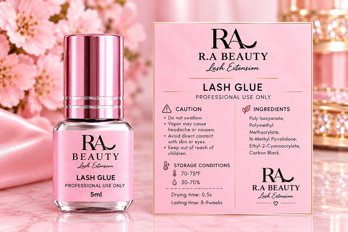 R.A Beauty Lash Glue bottle beside its information card listing caution notes, ingredients, and storage conditions