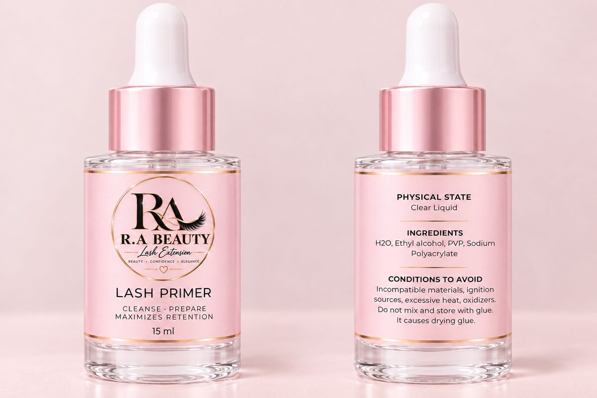 R.A Beauty Lash Primer 15 ml dropper bottles, front and back labels