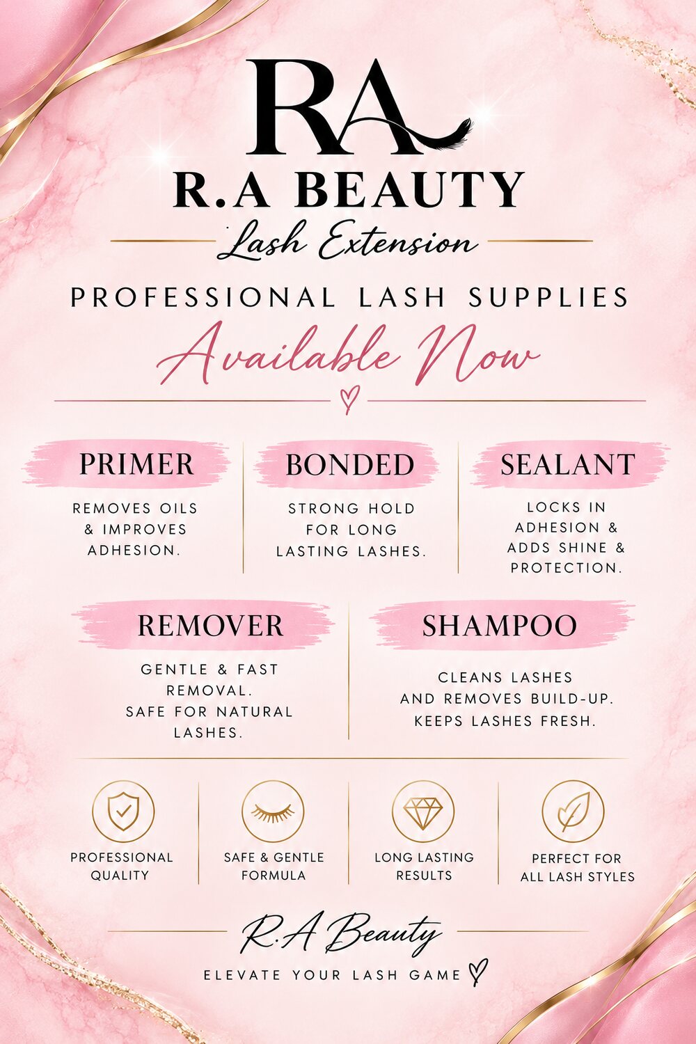 R.A Beauty professional lash supplies poster: Primer, Bonder, Sealant, Remover, and Shampoo