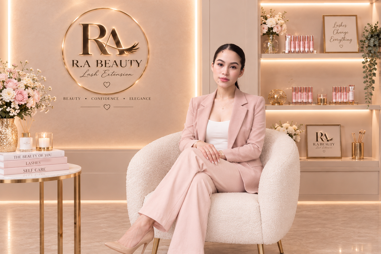 Rebecca seated in the elegant R.A Beauty studio, with the brand logo and product shelves behind her